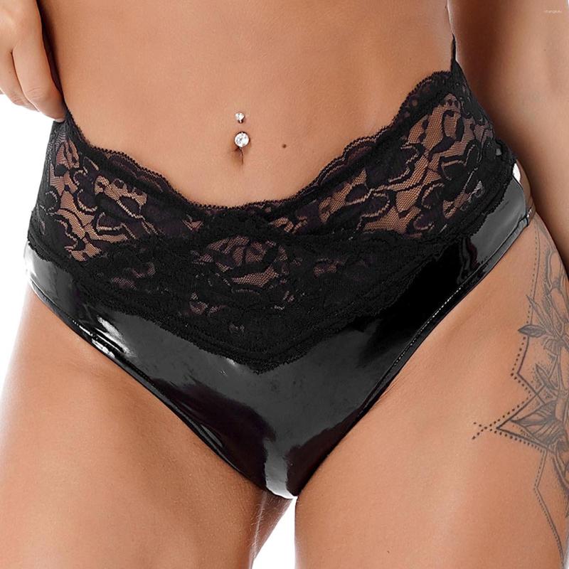 

Women's Panties Womens Sexy Lingerie Underwear Floral Lace Waistband Briefs Glossy Patent Leather High Waist Party Dance Latex Clubwear, Black