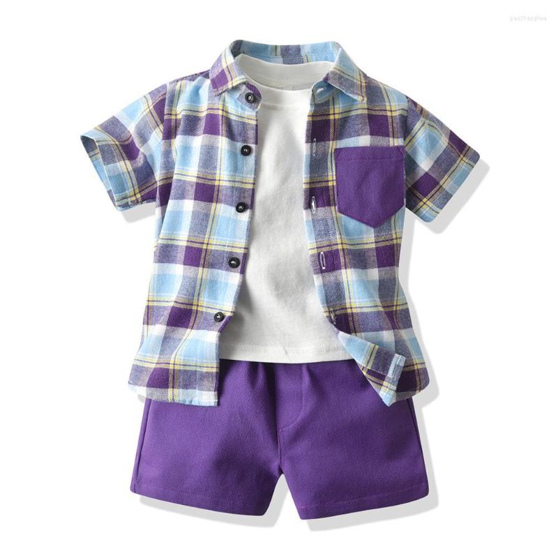 

Clothing Sets Summer Baby Children Boys Gentleman Outfits Purple Plaid Shirt White Tshirt Shorts 3Pcs Fashion Kids Suits Costume, As photo