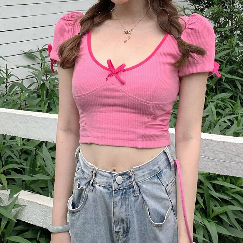 

Women's T Shirts Bow U-Neck Women's Short Sleeve Top Sexy Y2K High Waist Ladies T-Shirt Slim Casual Clothing Spring, Blue top