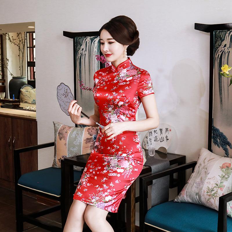 

Ethnic Clothing Print Flower Short Women Slim Tight Cheongsam Vestidso Chinese Mandarin Collar Evening Party Dress Hand Button Satin Qipao