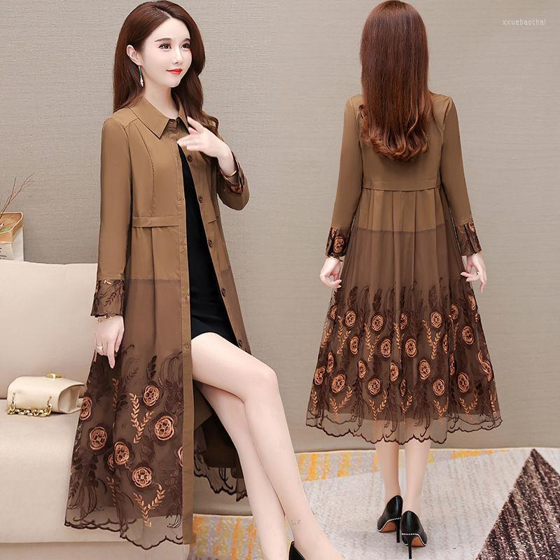 

Women's Trench Coats Women Coat 2023 Spring Autumn Fashion Long Sleeves Embroidered Windbreaker Female Loose Casual Outwear Overcoat, Red