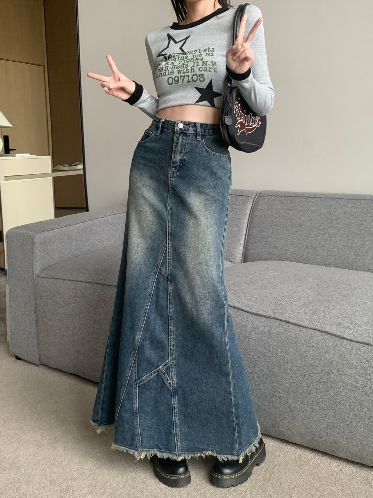 

Skirts GUUZYUVIZ Vintage Blue High Waist Denim Split Skirt Women's Long Fishtail Skirt 230313