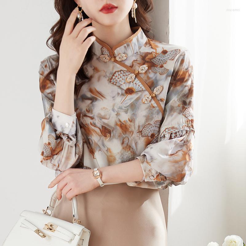 

Women' Blouses Chinese Style Chic Button Tops Vintage Spring 2023 Beautiful Faux Silk Shirt Women Print Lantern Sleeve Office Work, Floral