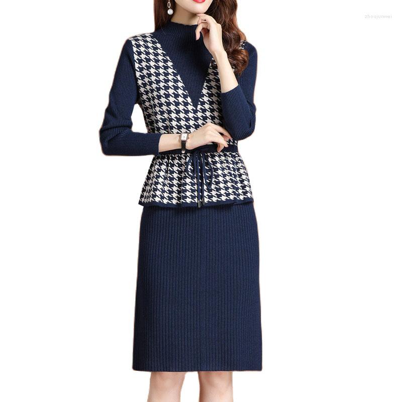 

Casual Dresses Knitted Dress Women Fall Winter Fake Two Slim Long Sleeve Elegant LadiesMidi-length Sweater Femme Vestidos, Black