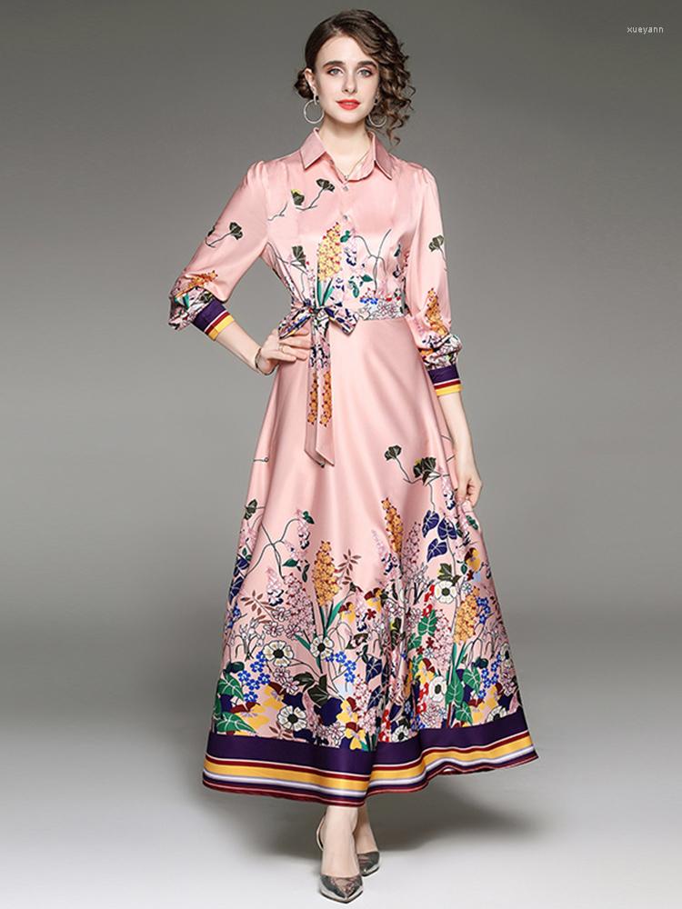 

Casual Dresses Banulin Runway Designer Autumn Maxi Dress Women's Fashion Long Sleeve Floral Print Bow Sashes Party Robe Vestdios, The picture color