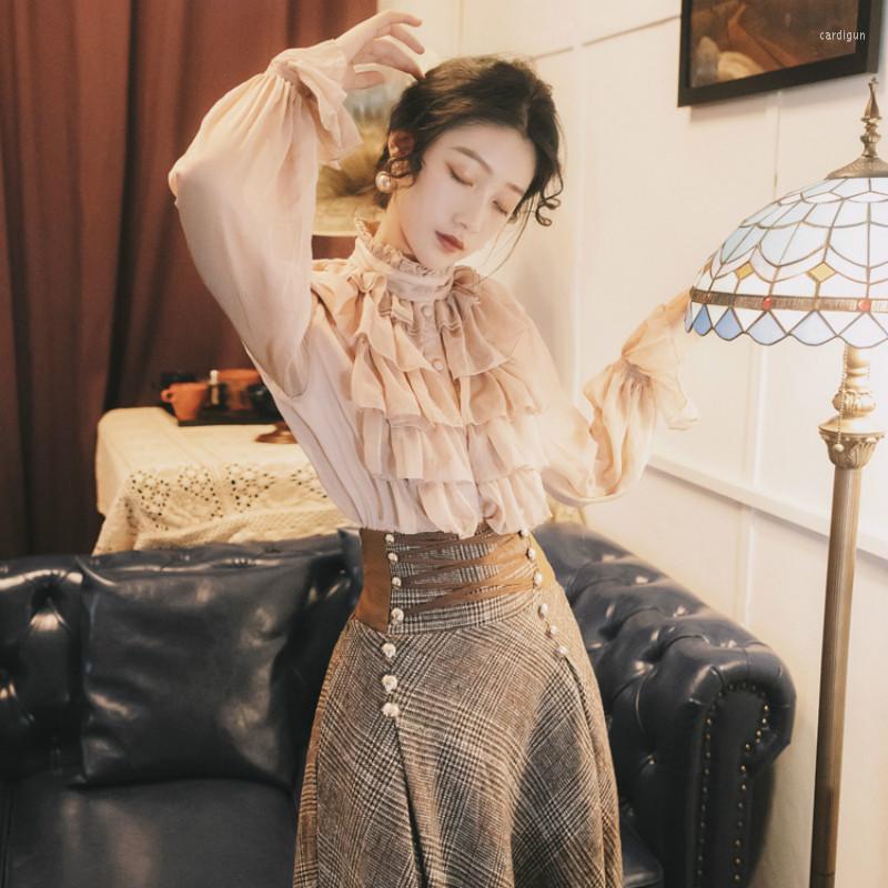 

Women' Blouses Retro Fashion Stand Collar Lantern Sleeve Ruffled Chiffon Blouse Women Long Shirt High Quality Tops Chemise Blusa