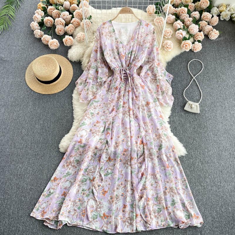 

Casual Dresses Summer Women Chiffon Floral Dress Long Sleeve Design Irregular V Neck A-line Bohemian Print Beach Sundress, Pink
