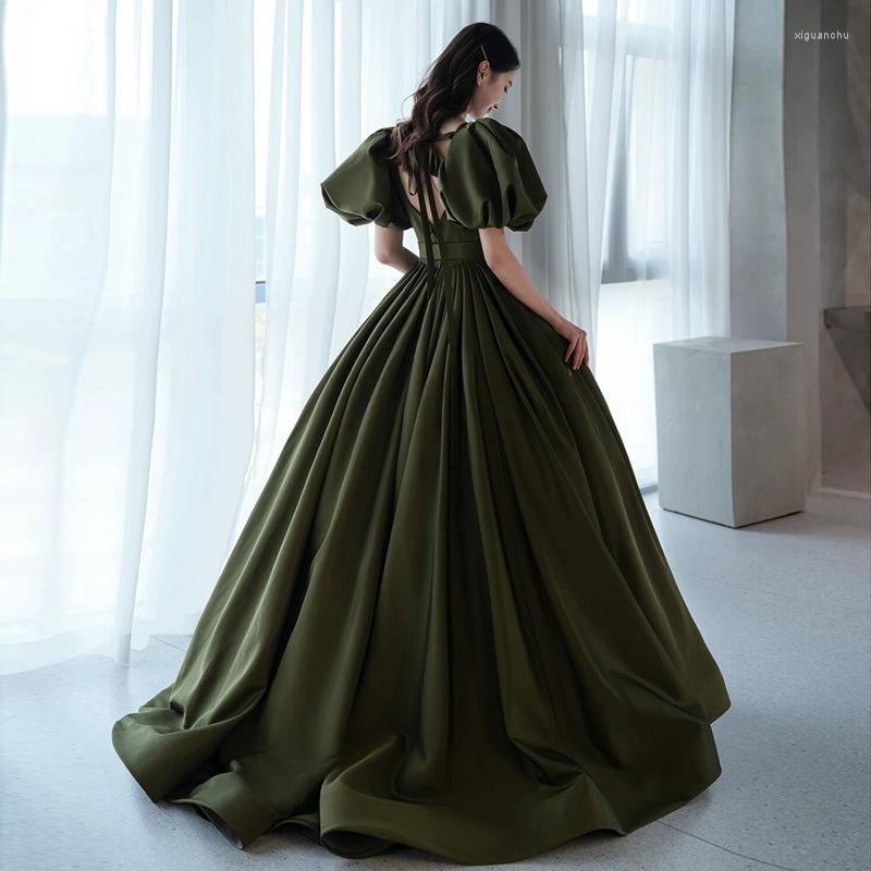 

Ethnic Clothing Princess Dark Green Backless Evening Dress 2023 Sexy Square Neck Puff Sleeve A-Line Party Prom Gown