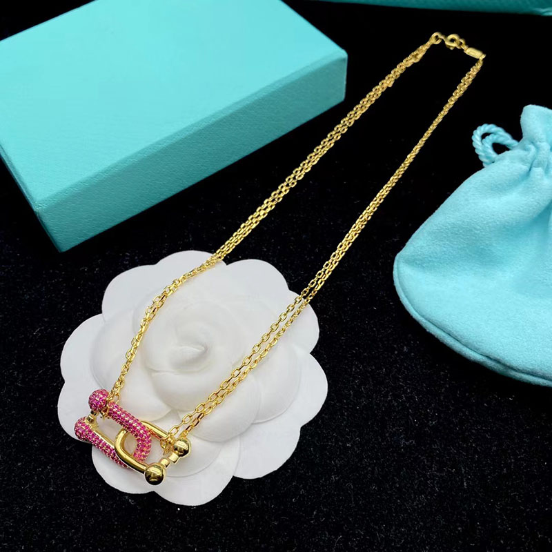 

18K gold double u shape pendant necklace for women luxury brand horseshoe designer silver OL shining red crystal choker necklaces nice A jewelry