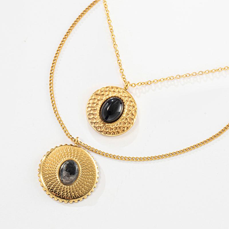 

Pendant Necklaces Fashion Stainless Steel Geometric Round Hammered Necklace For Women Black Natural Stone Party Gift JewelryPendant