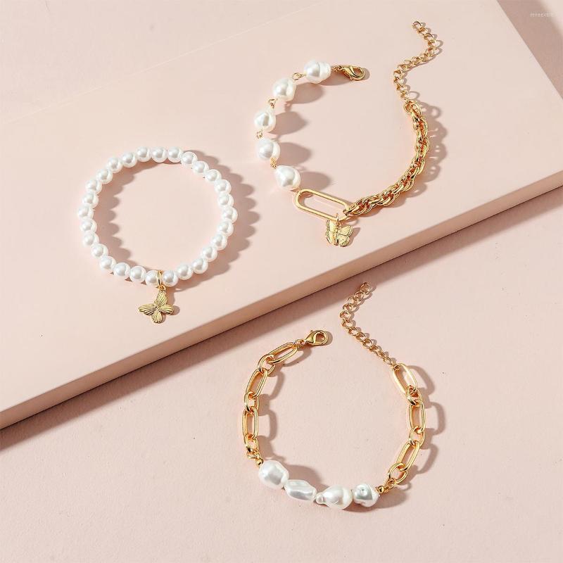 

Strand 3Pcs/set Bohemia Imitate Pearl Asymmetric Link Chain Bracelets For Women Trendy Geometric Butterfly Safety Pin Jewelry