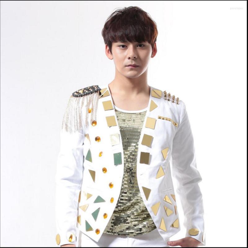 

Men' Suits -5xl Nightclub Men Singer Bar Dj Rock Punk Personality Insignia Gold Lens Stage Jacket Costume Performance Show Clothing, White
