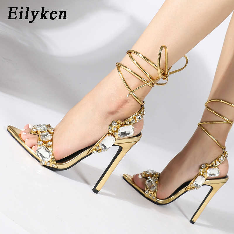 

Crystal Rhinestone Golden Women Sandals High Heels Cross-Strap Party Pumps Pointed Toe Dress Sexy Wedding Shoes 230306, Gold