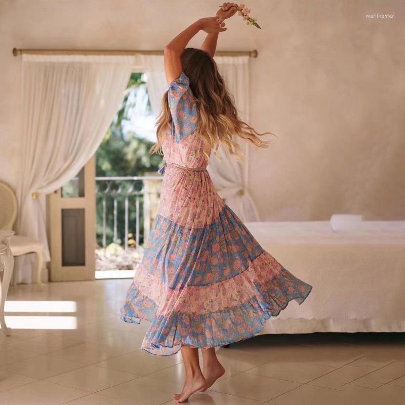 

Party Dresses 2023 Femme High Waist Boho Maxi Dress O-neck Lantern Sleeve Printed Mujer Chic Long Women Holiday Rayon Vestidos, Pink