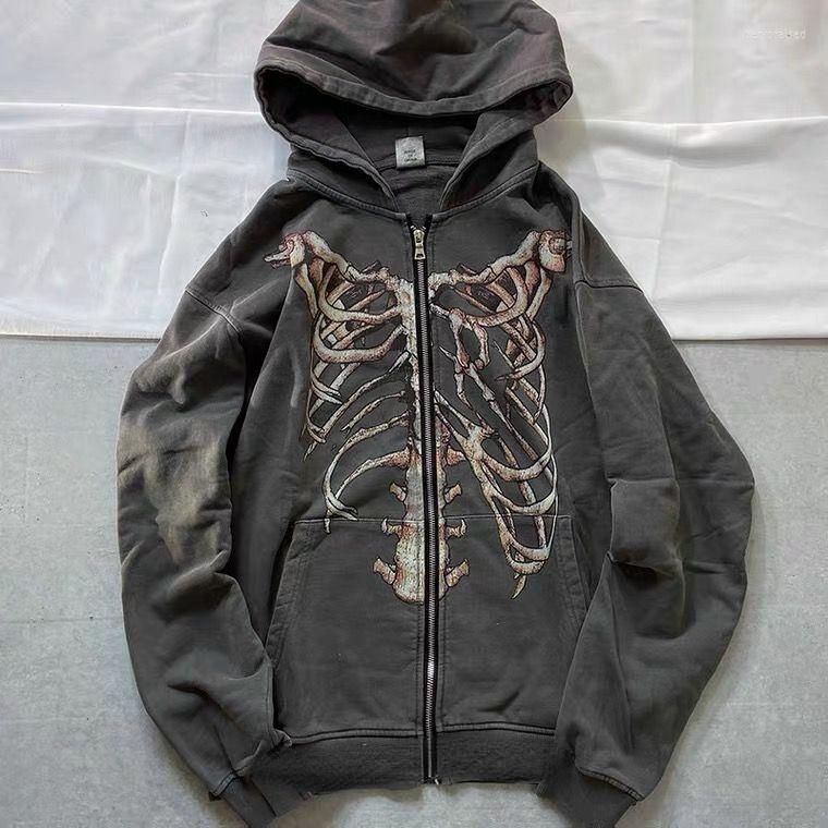 

Men's Hoodies Y2K Gothic Skeleton Print Hoodie Women Harajuku Hip Hop Oversized Zipper Jacket Autumn Winter Vintage Loose Hooded Sweatshirts, Ea00813-white