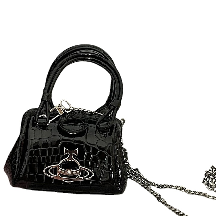 

Women's Mini Crossbody Bags Portable Chain Bag Niche Design Saturn Alligator Pattern Patent Leather Bag, Black