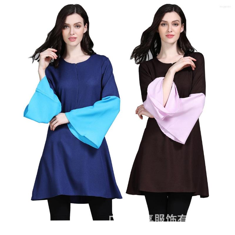 

Women's Blouses Flare Sleeve Patchwork Blouse Long Casual Women Top Islamism For Muslim Fashion