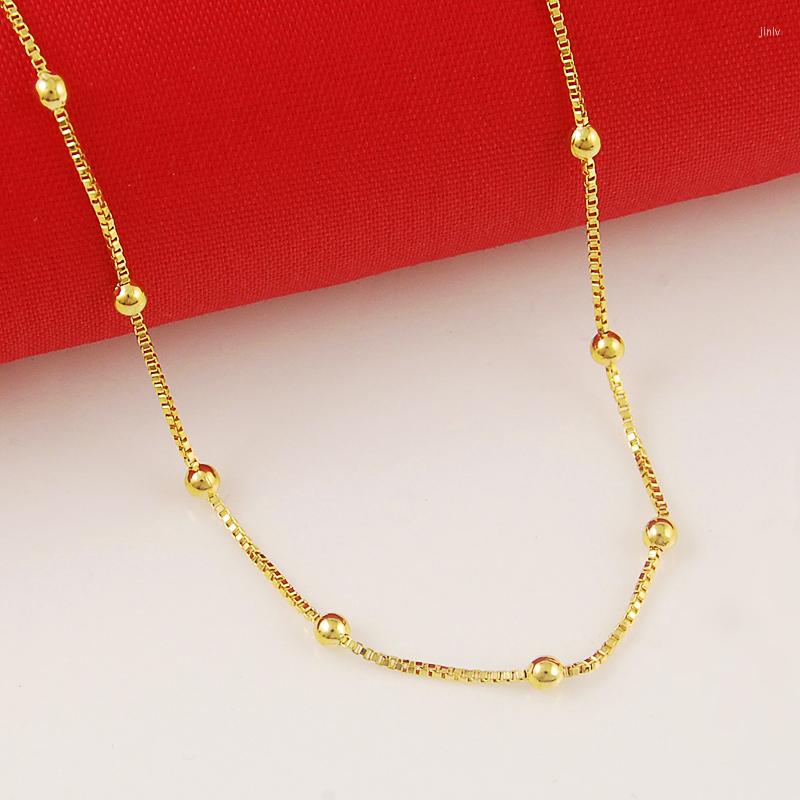 

Choker Genuine 24K Gold Necklace Plating 45CM Box Chain Beaded Short For Woman Charm Jewelry