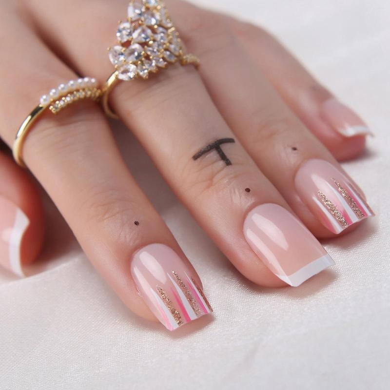 

False Nails Nude Pink French Press On Short Square With Glitter Print Tips Fake Glossy Full Cover Nail For Women And Girls, 208-f-702g