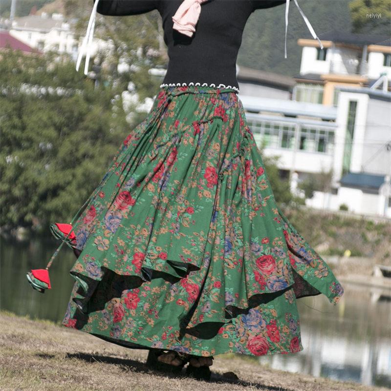 

Skirts Autumn Winter Floral Skirt 2023 Women' Retro Printed Cotton Linen Elastic Waist Dark Green Faldas Largas Mujer T1084, As show 121