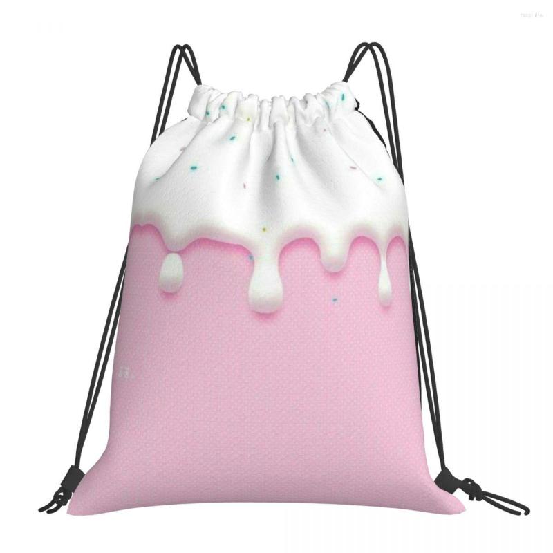 

Shopping Bags Pink Cake Cream Drops Print Drawstring Men Women Storage Backpack Teenager Travel Bag Multi-function Pocket, White