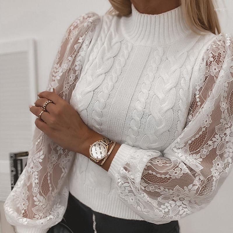 

Women' T Shirts Ladies Knit Sweater Elegant Turtleneck Long Sleeve Women Sexy Lace Lantern Slim, White