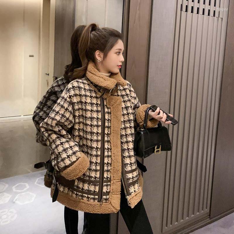 

Women' Fur Fashion Casual Lambswool Jackets Women Overcoat Autumn Winter Thicke Parka Female Outwear Houndstooth Locomotive Jacket, Black