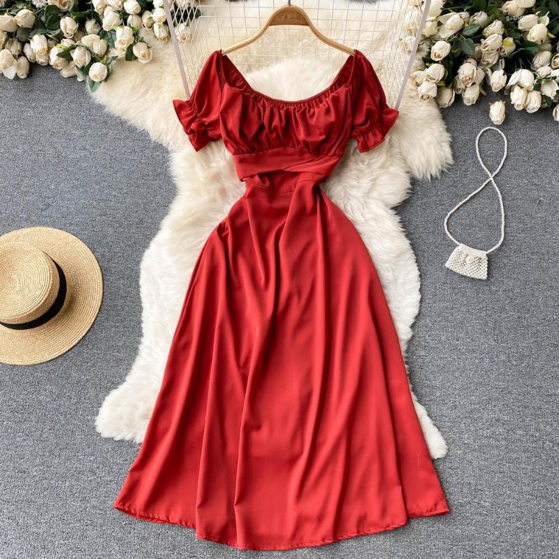 

Casual Dresses ZCWXM Summer Women Dress Elegant Mid-calf Short Puff Sleeve Robe Pull Party Night Slim Sexy Square Collar Red/Pink Evening, Beige