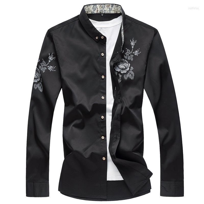 

Men's Casual Shirts Men's Long-sleeved Shirt Fashion Slim Standing Collar Printed, Black
