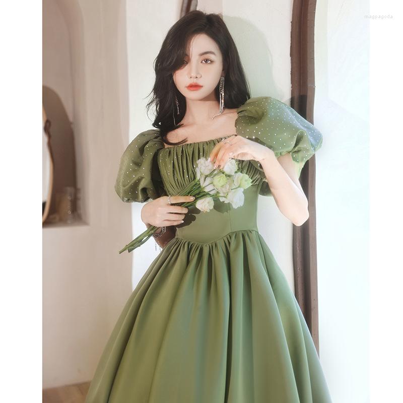 

Ethnic Clothing Arrival Women Green Long A-Line Prom Dress Elegant Square Neck Puff Sleeve Evening Party Ball Gown