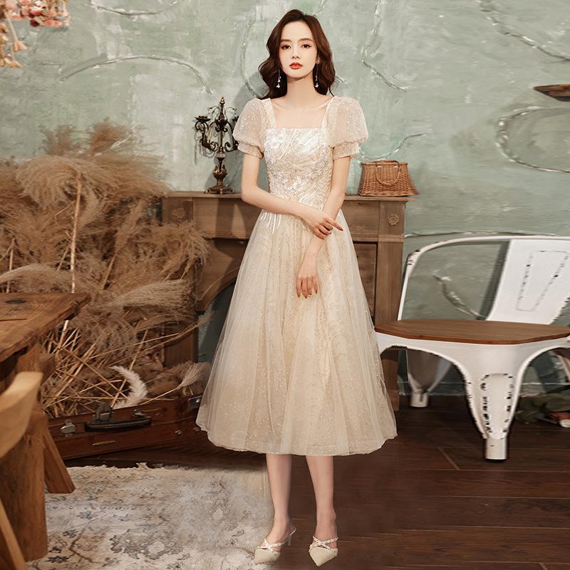 

Ethnic Clothing Exquisite Embroidery Floral Lady Cheongsam Dreamy Beading Dot Champagne Qipao Romantic Perspective Puff Sleeve Party Prom Dr