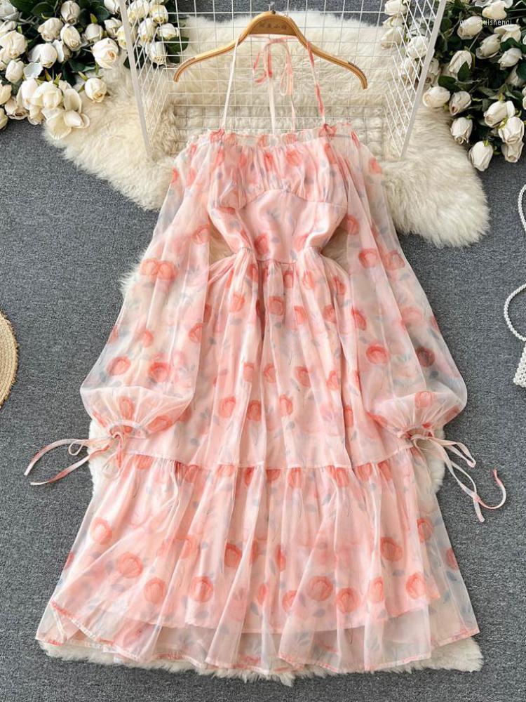 

Casual Dresses ZCWXM Pink Beach Dress Women Long Puff Sleeve Summer Vestido Sexy Lace Up Halter Off Shoulder Printed Bohemian Elegant