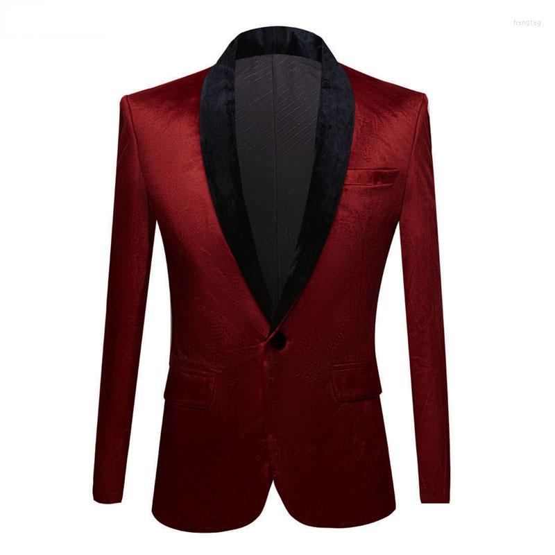 

Men's Suits Wine Red Velvet Dress Suit Jacket Men One Button Shawl Lapel Tuxedo Blazers Wedding Groon Party Dinner Blazer