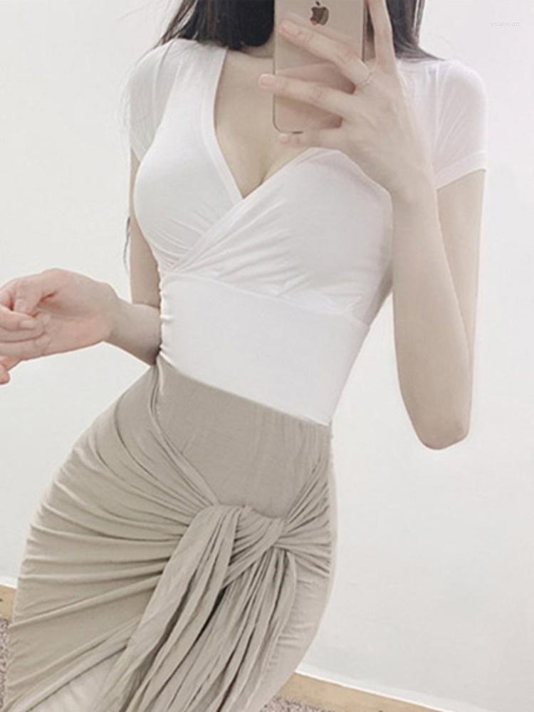 

Women's T Shirts Sweet 2023 Korea Summer Slim Sexy Cross V-neck Short Sleeve T-shirt Girl Thin Tees Tops U700, Beige