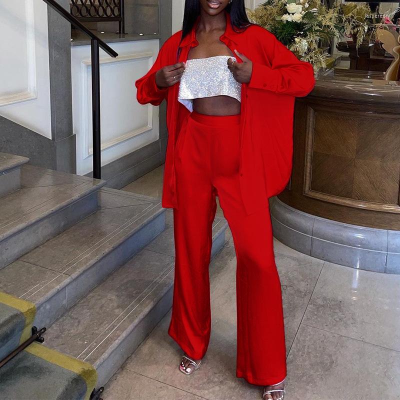 

Women' Tracksuits Spring Autumn Casual Loose 2Pc Suit Elegant Turn-down Collar Button Shirt & Wide Leg Pants Outfits 2023 Women Fashion, 01 rose red