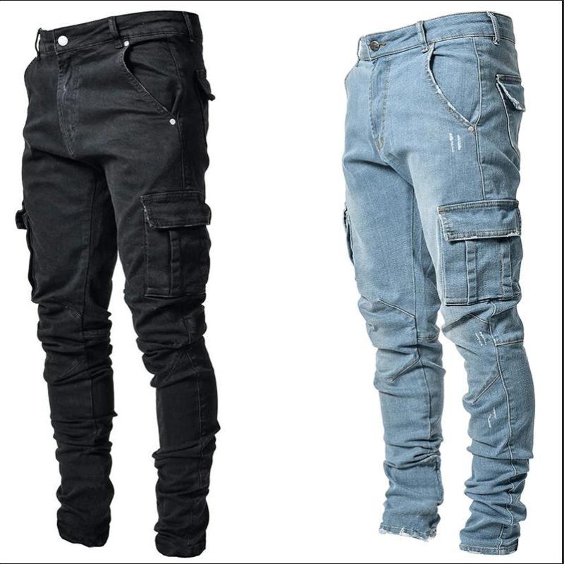 

Pants Jeans Male Pants Casual Cotton Denim Trousers Multi Pocket Cargo Men Fashion Style Pencil Side Pockets Mnxoi, Black