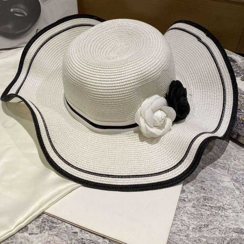 

Lotus Leaf Elegant Lady Wide Brim Hats Double Color Camellia Women Straw Hats Striped Ribbon Dome Sun Hats, Black top