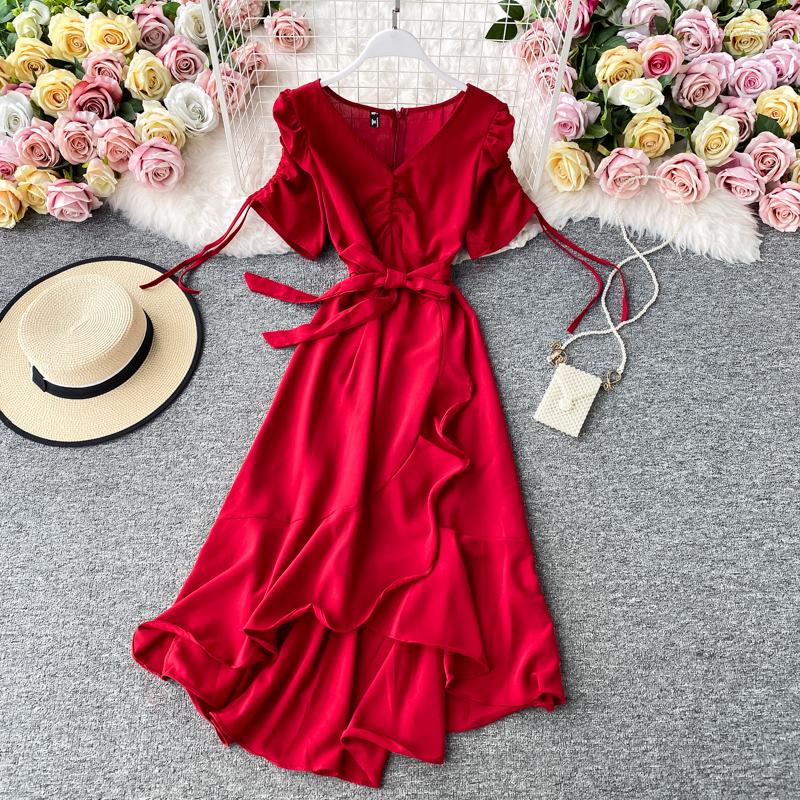 

Casual Dresses ZCWXM Summer Women Ruffle Dress Vestido Sexy V-neck Vintage Slim Ladies Elegant Green/pink/yellow Irregular Midi Beach