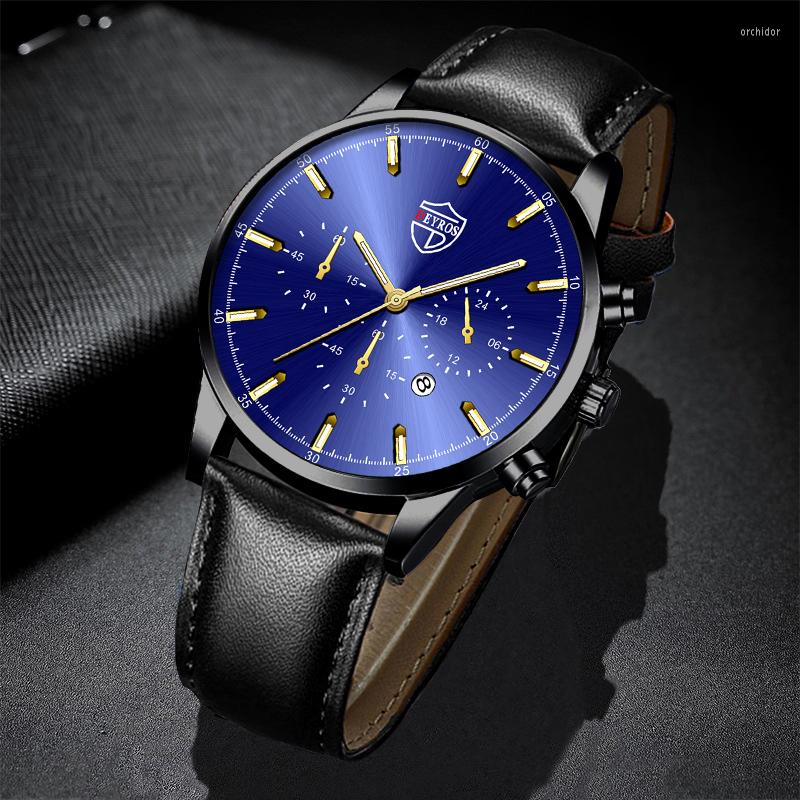 

Wristwatches Luxury Stainless Steel Quartz Men's Watches 2023 Fashion Male Leather Calendar Casual Sports Luminous Wrist Watch Reloj, Leather blue gold