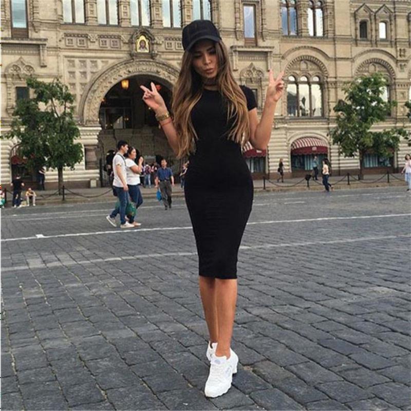 

Casual Dresses Women Bodycon Dresses Summer Sexy New Fitness Black Crew Neck Short Sleeve Sheath Slim Knee Length Dress Kgehl, Army green
