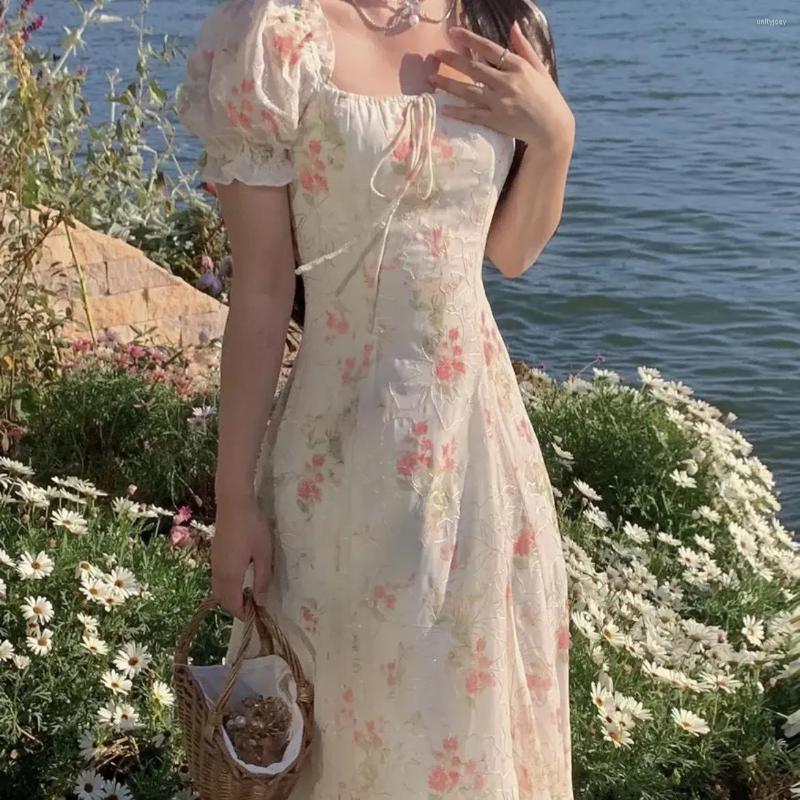 

Casual Dresses 2023 Summer Elegant Puff Sleeve France Dress Female High Waist Slim Floral Print Holiday Midi Women One Piece Beach, Picture shown