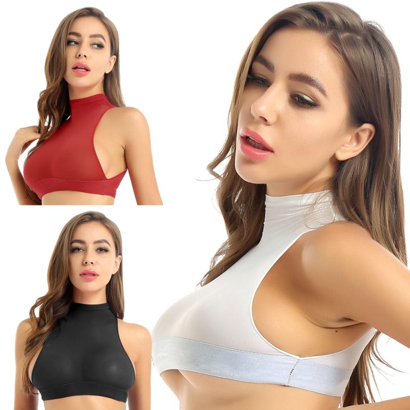 

Bras Sets Womens Erotic Underwear Ultra-thin See Through Sheer Lingerie High Neck Sleeveless Elastic Underbust Tight Vest Crop TopBras, Black