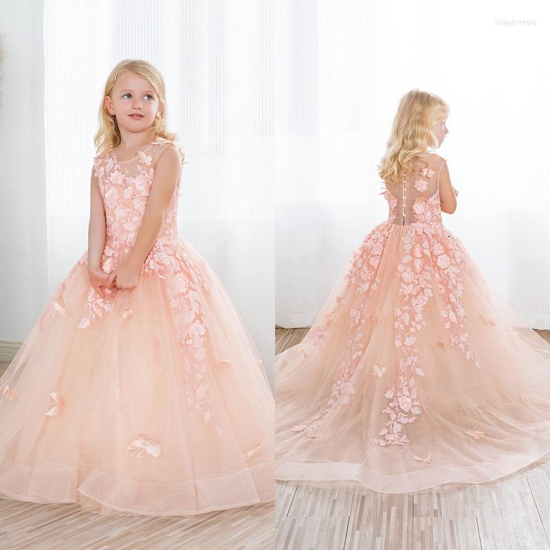 

Girl Dresses Real Po Tulle Princess Flower Dress Butterfly Floral Appliques Sleeveless Party Ball Gown Children Girls Pagent, Pink