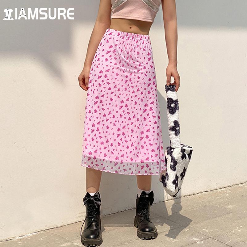 

Skirts Prairie Chic Floral Mesh Long Skirt Holiday Sweet See Through High Waisted Mini Womeen 2023 Fashion Beach Style, Pink