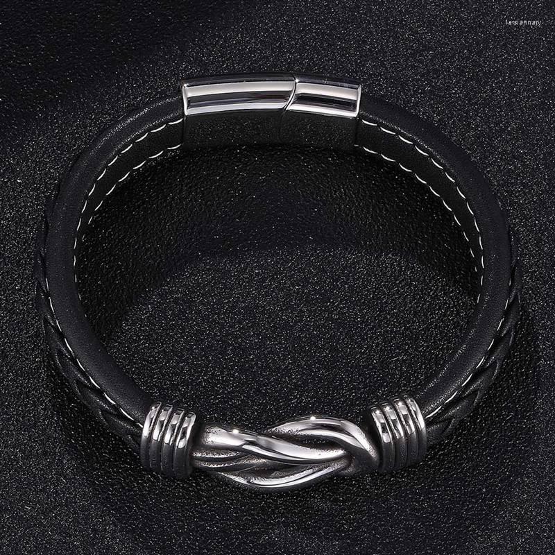 

Charm Bracelets Casual Jewelry Men Bracelet Black Leather Irregular Winding Graphic Stainless Steel Magnet Clasp Male Wristband Man Gifts