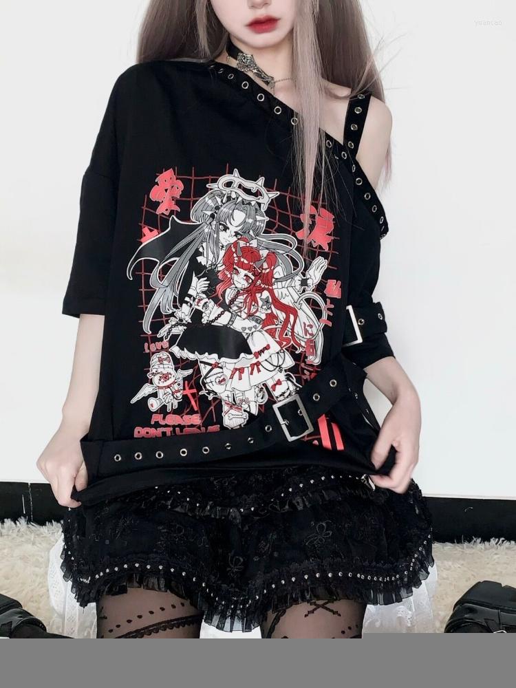 

Women's T Shirts Japanese Harajuku Cartoon Print T-shirt Women Gothic Punk Off Shoulder Graphic Black Grunge Streetwear Y2k Aesthetics, As photo