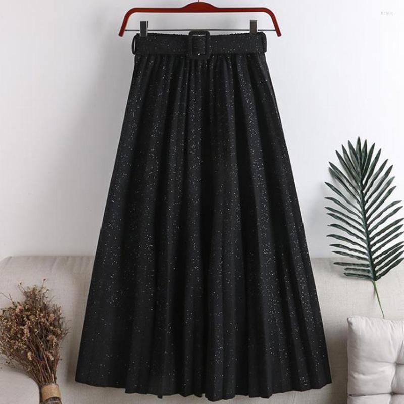 

Skirts Elegant Korean Black Skirt Long 2023 Summer Autumn Solid Color Pleated For Women High Waist Elastic A-line, Khaki skirt