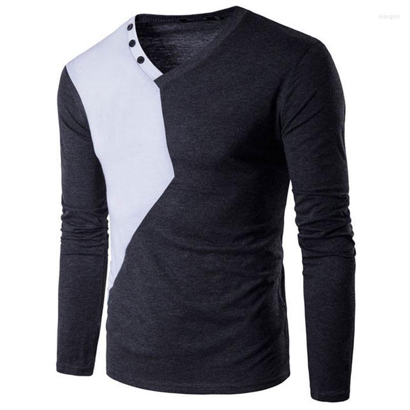 

Men's T Shirts 2023 Basic Patchwork Men Shirt Cotton T-shirt 2 Color V Collar Tshirt Homme Long Sleeve Slim Fit Camisetas Hombre, Black