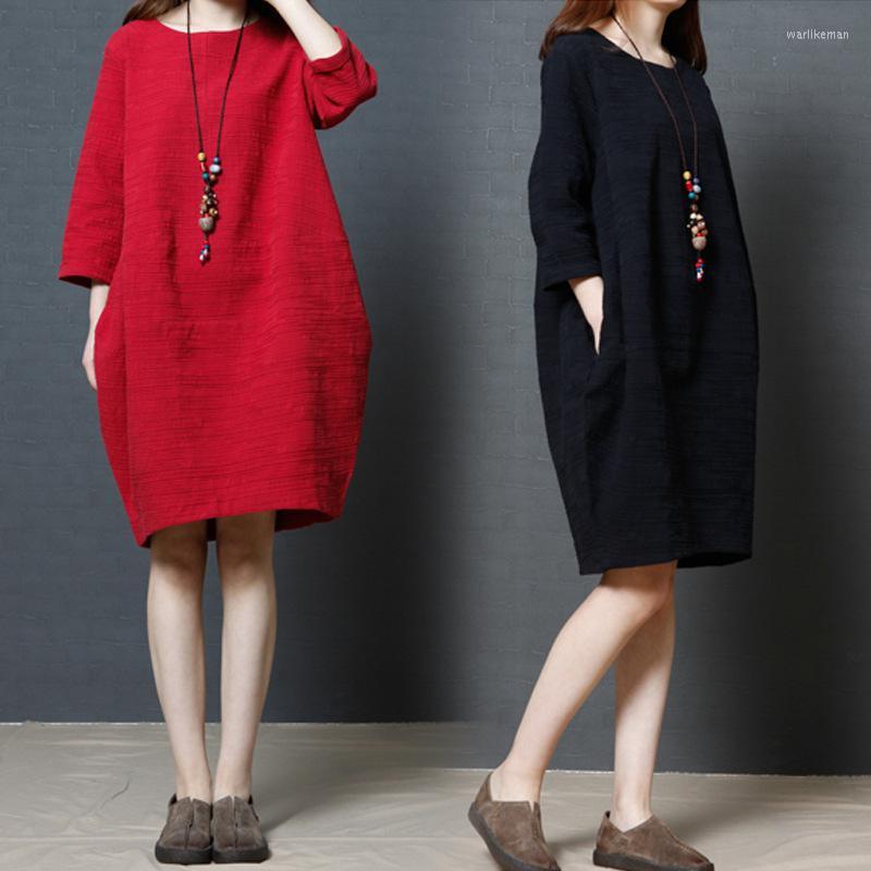 

Party Dresses 2023 Spring Summer Loose Cotton Linen Middle Sleeve Dress Korean Casual Simple Solid Color Women Tide, Black