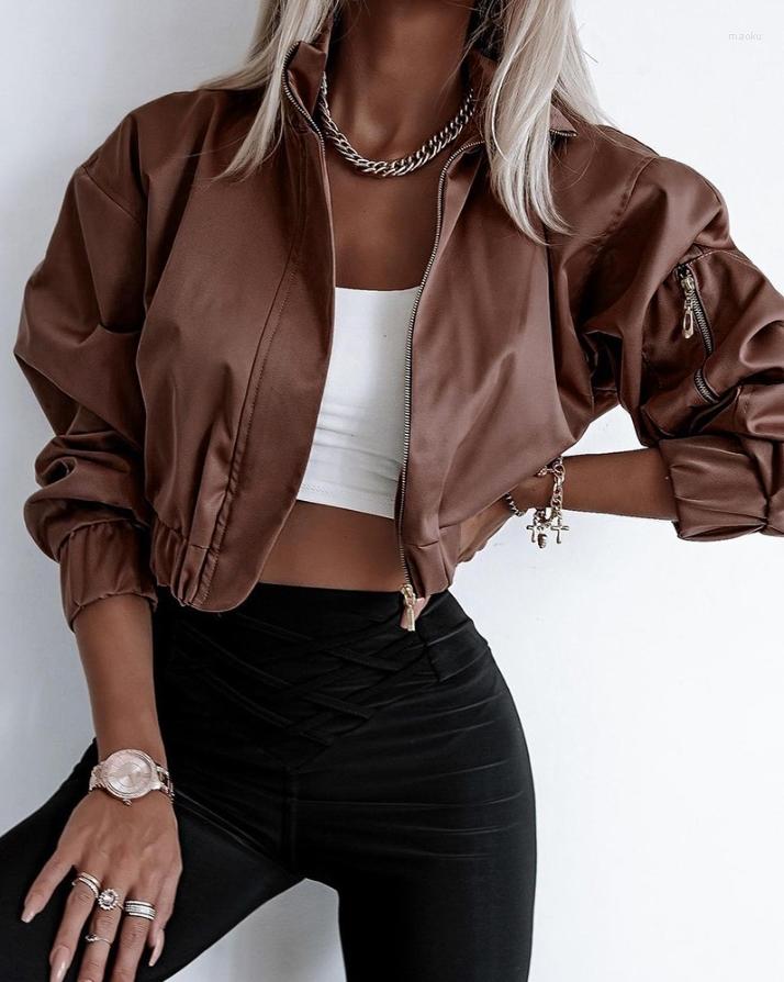 

Women' Jackets Jacket Women 2023 Autumn Fashion Zipper Design Casual Turn-Down Collar Plain Long Sleeve Daily Crop